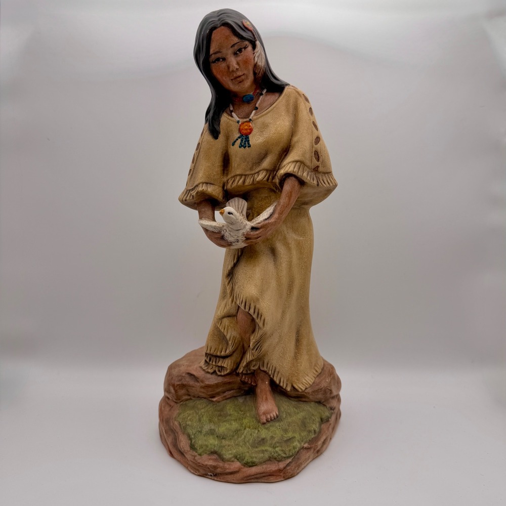 Native Woman Holding Dove Ceramic Figurine Signed Southwest Boho Rustic Decor